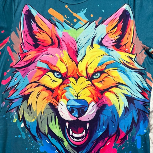 WOLF T-Shirt Men's L Blue Green Neon Wolf Head Front & Back Pink Yellow Otange - Picture 10 of 11
